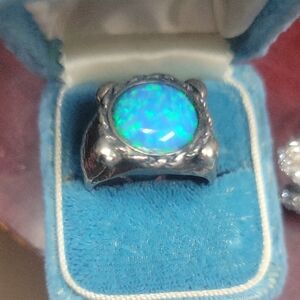 Luminous Sterling Silver Ring with Blue Opal Lab Created